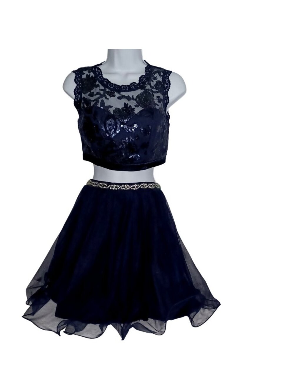 Sequin Hearts Dress Coquette Crop Top Navy Blue Princesscore Junior Size 3 XS